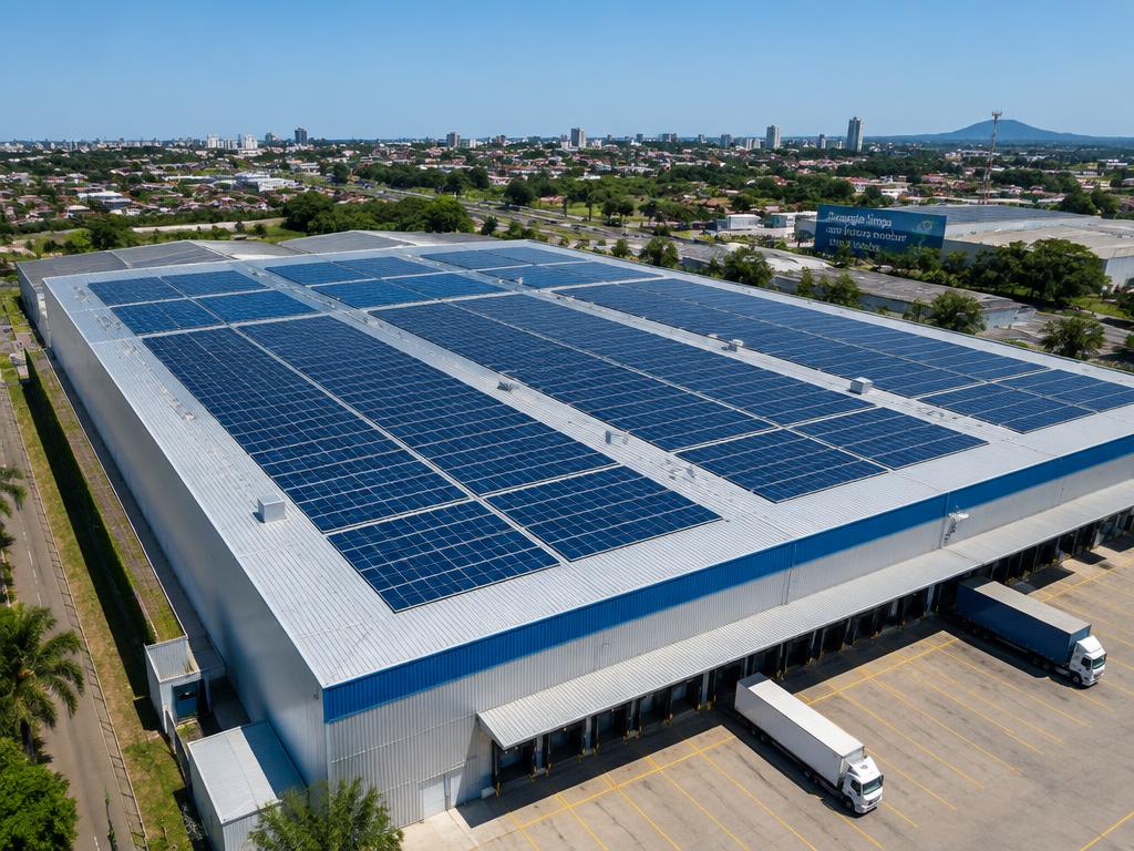 Galpão empresarial com painéis solares no telhado