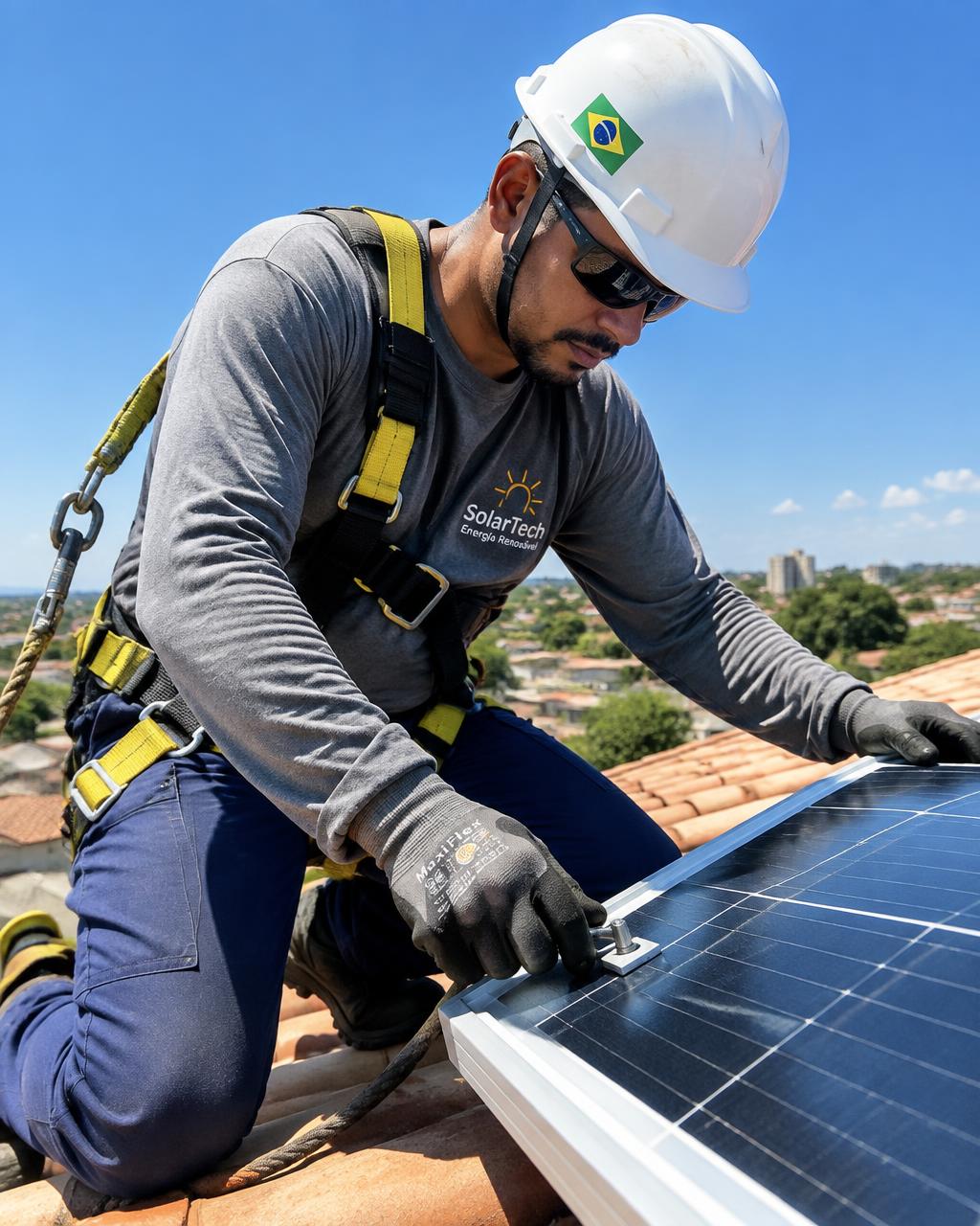 Técnico com EPI instalando painel solar em telhado